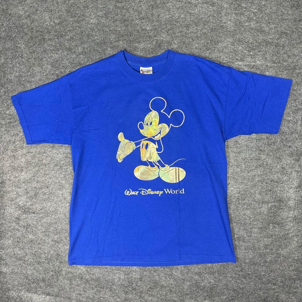 VTG 90s Walt Disney World Mickey Mouse T‎ Shirt Large Metallic Print FLAWLESS